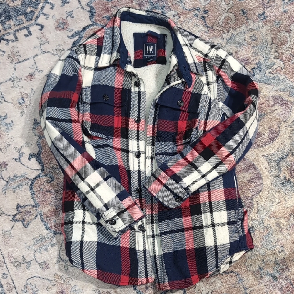 GAP Checkered Flannel Sherpa Button Down Shirt in Red, Blue, and White